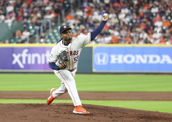 HOUSTON, TX - JULY 10:  Houston Astros starting pitcher Framber Valdez (59) throws a pitch in the top of the third inning during the MLB game between the Miami Marlins and Houston Astros on July 10, 2024 at Minute Maid Park in Houston, Texas.  (Photo by Leslie Plaza Johnson/Icon Sportswire)
