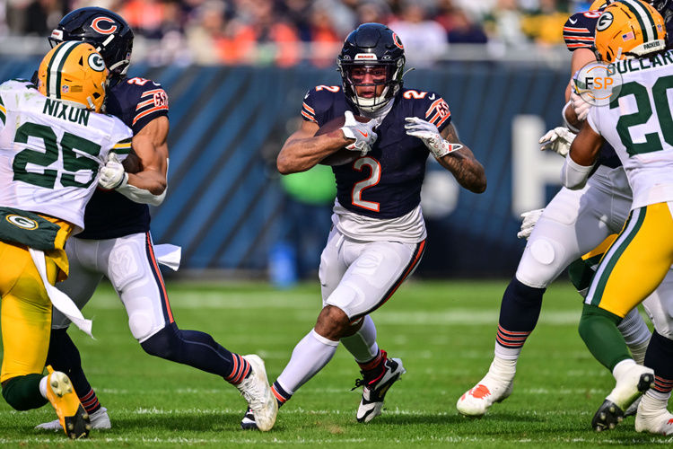 Nov 17, 2024; Chicago, Illinois, USA; Chicago Bears wide receiver DJ Moore (2) runs after a catch against the Green Bay Packers during the second quarter at Soldier Field. Credit: Daniel Bartel-Imagn Images