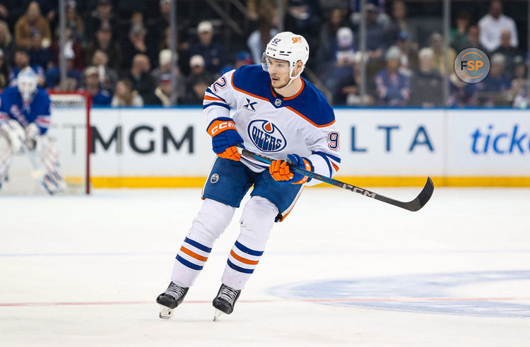 Mar 16, 2025; New York, New York, USA; Edmonton Oilers center Leon Draisaitl (29) skates against the New York Rangers during the second period at Madison Square Garden. Credit: Danny Wild-Imagn Images