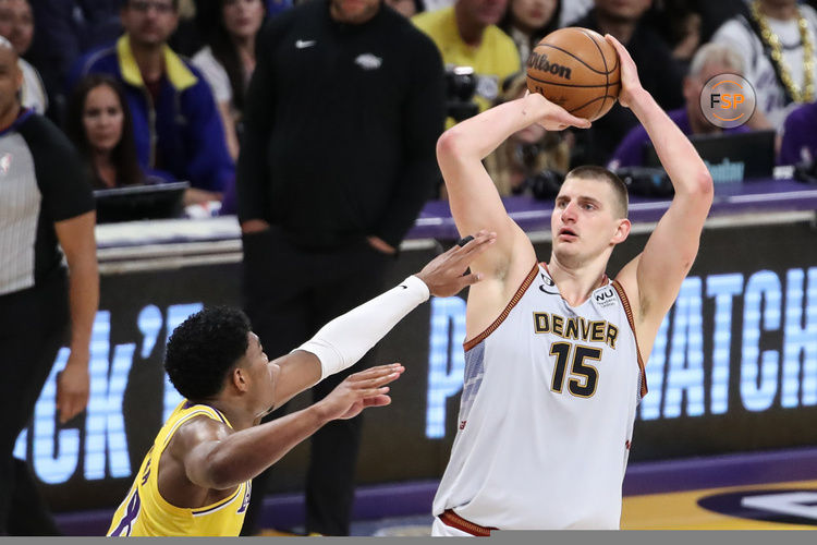 LOS ANGELES, CA - MAY 22: Denver Nuggets center Nikola Jokic (15) shoots  during game 4 of the NBA Western Conference Finals between the Denver Nuggets and the Los Angeles Lakers on May 22, 2023, at Crypto.com Arena in Los Angeles, CA. (Photo by Jevone Moore/Icon Sportswire)