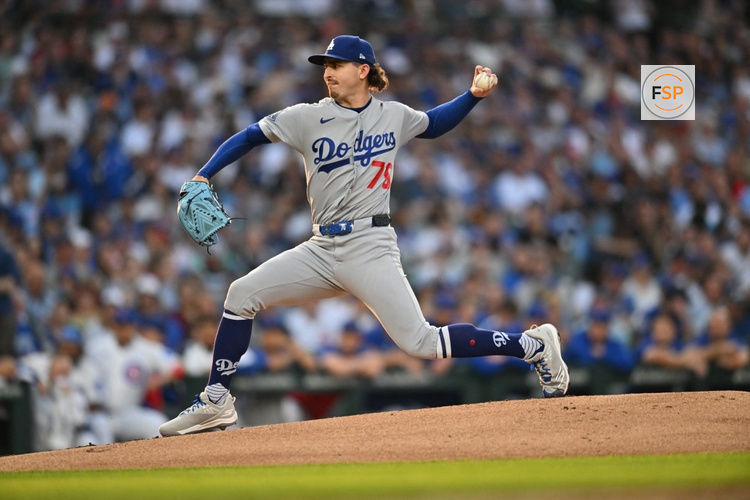 Aug 3, 2026; Chicago, Illinois, USA; Los Angeles Dodgers pitcher Justin Wrobleski (70) pitches against the Chicago Cubs during the first inning at Wrigley Field. Credit: Patrick Gorski-Imagn Images