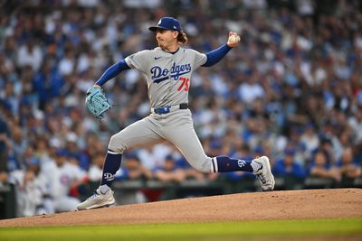 Aug 3, 2026; Chicago, Illinois, USA; Los Angeles Dodgers pitcher Justin Wrobleski (70) pitches against the Chicago Cubs during the first inning at Wrigley Field. Mandatory Credit: Patrick Gorski-Imagn Images