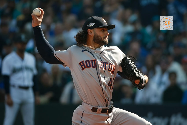 Oct 15, 2022; Seattle, Washington, USA; Houston Astros starting pitcher Lance McCullers Jr. (43) pitches in the first inning against the Seattle Mariners during game three of the ALDS for the 2022 MLB Playoffs at T-Mobile Park. Credit: Joe Nicholson-USA TODAY Sports