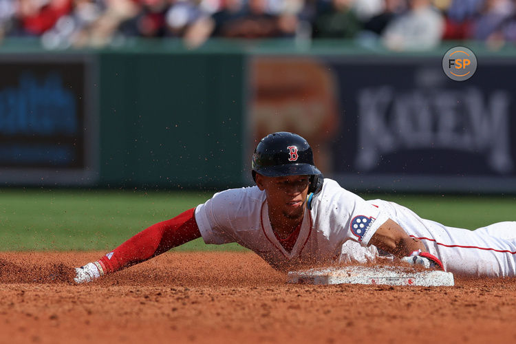 Apr 4, 2025; Boston, Massachusetts, USA; Boston Red Sox second baseman Kristian Campbell (28) steals second during the third inning against the St. Louis Cardinals at Fenway Park. Credit: Paul Rutherford-Imagn Images
