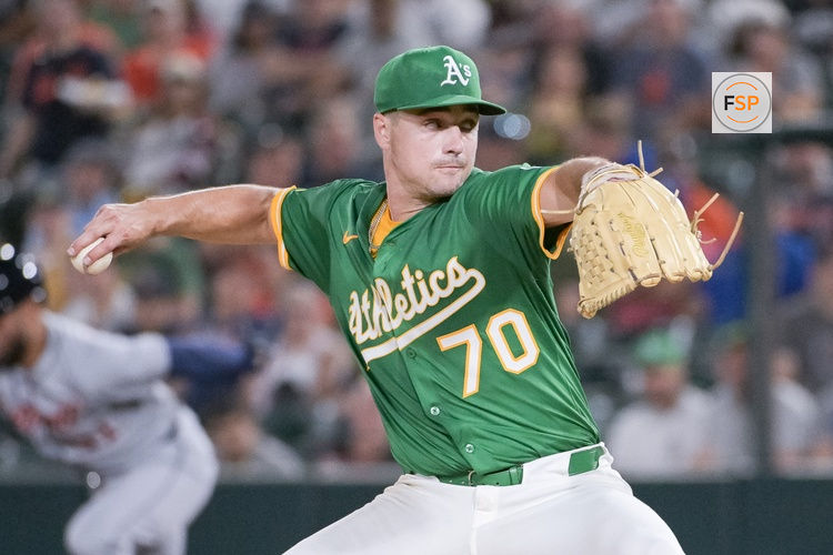 Aug 25, 2025; West Sacramento, California, USA; Athletics pitcher J.T. Ginn (70) throws a pitch against the Detroit Tigers during the sixth inning at Sutter Health Park. Credit: Ed Szczepanski-Imagn Images