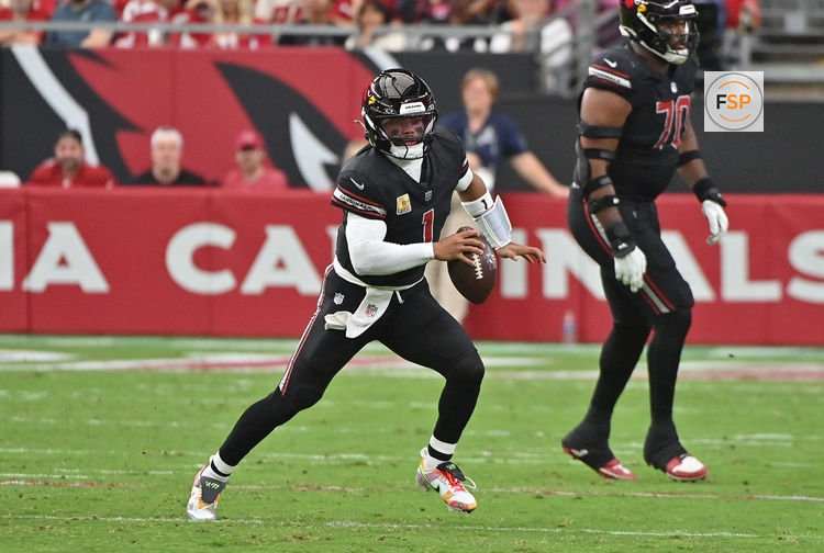 Oct 5, 2025; Glendale, Arizona, USA; Arizona Cardinals quarterback Kyler Murray (1) looks to throw against the Tennessee Titans during the second quarter at State Farm Stadium. Credit: Matt Kartozian-Imagn Images