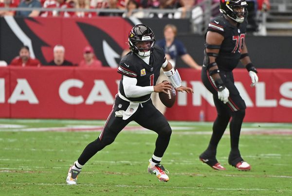 Oct 5, 2025; Glendale, Arizona, USA; Arizona Cardinals quarterback Kyler Murray (1) looks to throw against the Tennessee Titans during the second quarter at State Farm Stadium. Mandatory Credit: Matt Kartozian-Imagn Images