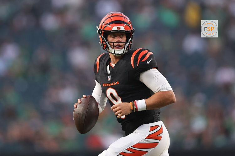 Aug 7, 2025; Philadelphia, Pennsylvania, USA; Cincinnati Bengals quarterback Joe Burrow (9) drops back to pass during the first quarter against the Philadelphia Eagles at Lincoln Financial Field. Credit: Bill Streicher-Imagn Images