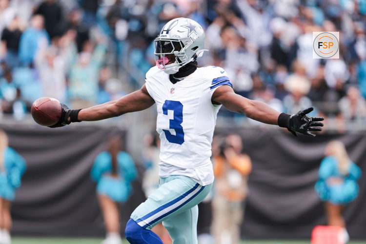 Oct 12, 2025; Charlotte, North Carolina, USA; Dallas Cowboys wide receiver George Pickens (3) celebrates a touchdown during the second half against the Carolina Panthers at Bank of America Stadium. Credit: Scott Kinser-Imagn Images