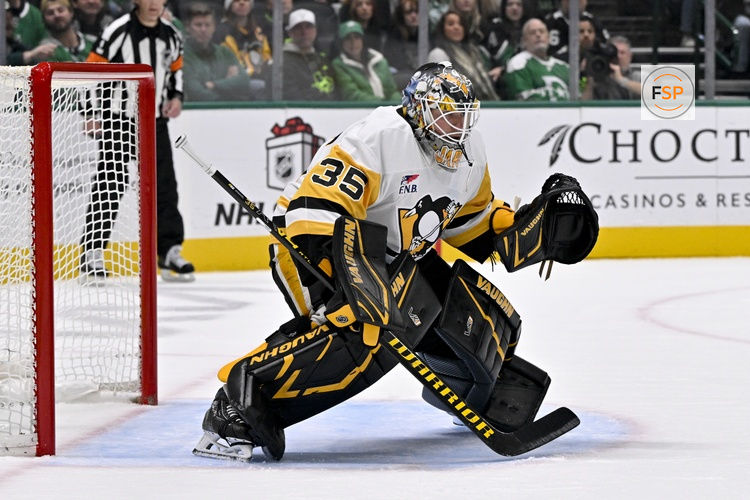 Dec 7, 2025; Dallas, Texas, USA; Pittsburgh Penguins goaltender Tristan Jarry (35) faces the Dallas Stars attack during the game at the American Airlines Center. Credit: Jerome Miron-Imagn Images