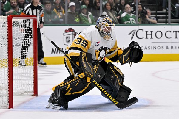 Dec 7, 2025; Dallas, Texas, USA; Pittsburgh Penguins goaltender Tristan Jarry (35) faces the Dallas Stars attack during the game at the American Airlines Center. Mandatory Credit: Jerome Miron-Imagn Images