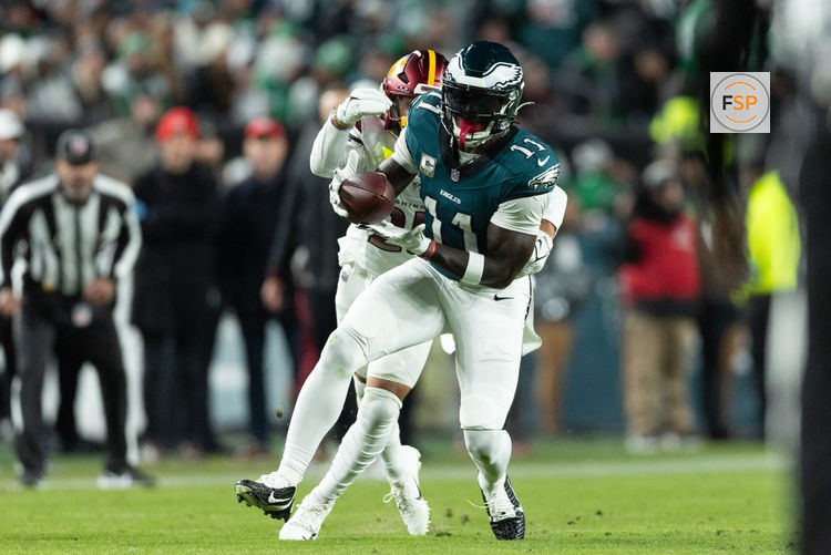 Nov 14, 2024; Philadelphia, Pennsylvania, USA; Philadelphia Eagles wide receiver A.J. Brown (11) makes a catch in front of Washington Commanders cornerback Benjamin St-Juste (25) during the second quarter at Lincoln Financial Field. Credit: Bill Streicher-Imagn Images