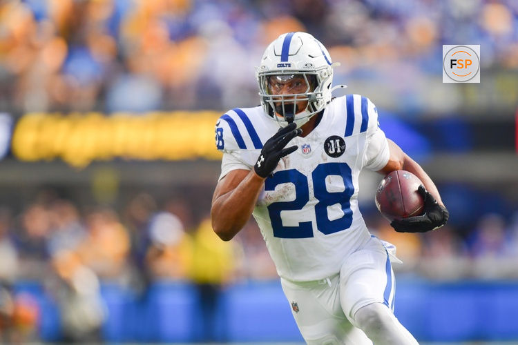 Oct 19, 2025; Inglewood, California, USA; Indianapolis Colts running back Jonathan Taylor (28) moves the ball in the first half against the Los Angeles Chargers at SoFi Stadium. Credit: Gary A. Vasquez-Imagn Images