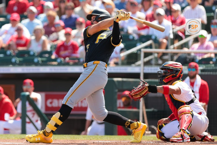 Mar 1, 2026; Jupiter, Florida, USA; Pittsburgh Pirates shortstop Konnor Griffin (75) hits a two-run home run against the St. Louis Cardinals during the first inning at Roger Dean Chevrolet Stadium. Credit: Sam Navarro-Imagn Images