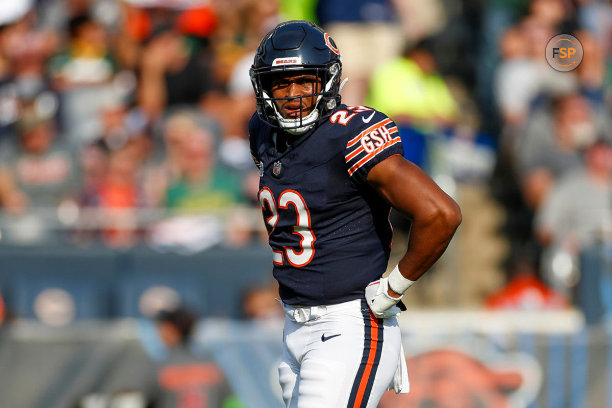 CHICAGO, IL - SEPTEMBER 10: Chicago Bears running back Roschon Johnson (23) hands on hips in the first half during a regular season game between the Green Bay Packers and the Chicago Bears on September, 10, 2023, at Soldier Field in Chicago, IL. (Photo by Brandon Sloter/Icon Sportswire)