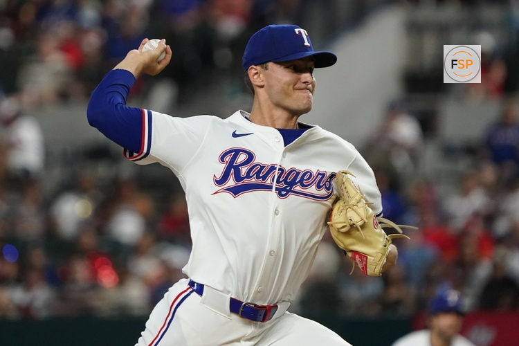 July 21, 2025; Arlington, Texas, USA; Texas Rangers pitcher Jack Leiter (35) throws to the plate during the first inning against the Athletics at Globe Life Field. Credit: Raymond Carlin III-Imagn Images