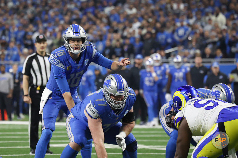 DETROIT, MI - JANUARY 14:  Detroit Lions quarterback Jared Goff (16) calls out play signals during an NFL NFC Wild Card playoff football game between the Los Angeles Rams and the Detroit Lions on January 14, 2024 at Ford Field in Detroit, Michigan.  (Photo by Scott W. Grau/Icon Sportswire)