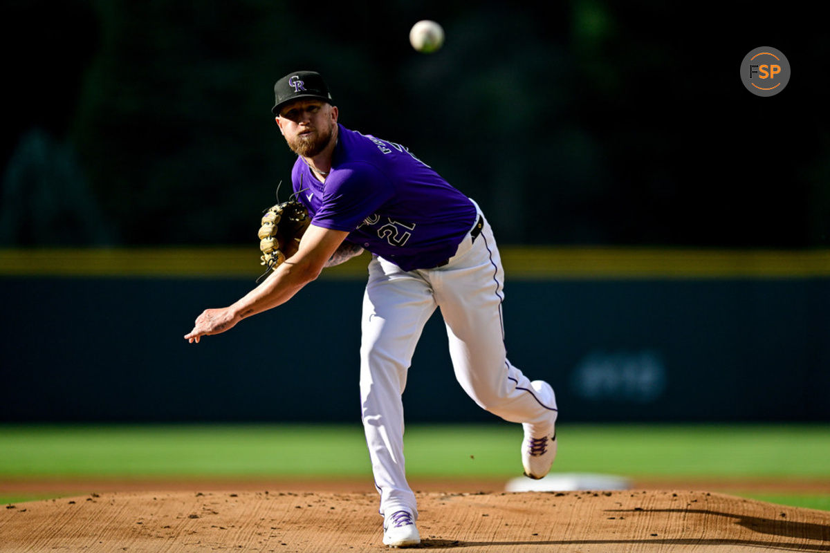 DENVER, CO - JULY 5: Colorado Rockies starting pitcher Kyle Freeland (21) pitches in the first inning during a game between the Kansas City Royals and the Colorado Rockies at Coors Field on July 5, 2024 in Denver, Colorado. (Photo by Dustin Bradford/Icon Sportswire)