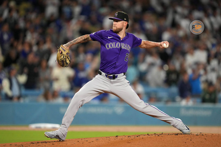 Sep 20, 2024; Los Angeles, California, USA; Colorado Rockies starting pitcher Kyle Freeland (21) throws in the first inning against the Los Angeles Dodgers at Dodger Stadium. Credit: Kirby Lee-Imagn Images