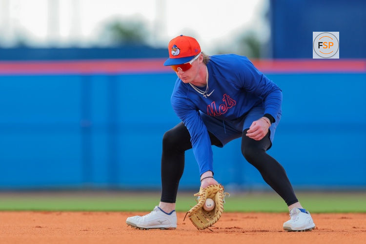 Feb 12, 2025; Port St. Lucie, FL, USA; New York Mets first baseman Ryan Clifford (87) works during a Spring Training workout at Clover Park. Credit: Sam Navarro-Imagn Images