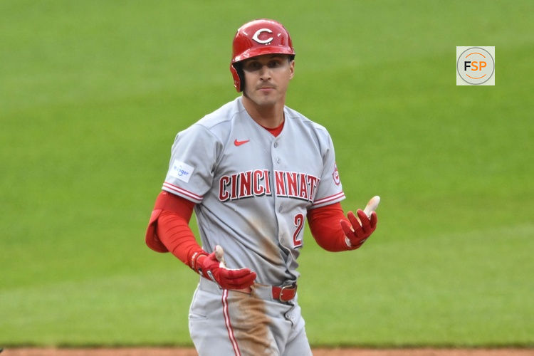 May 15, 2026; Cleveland, Ohio, USA; Cincinnati Reds left fielder JJ Bleday (22) reacts after his double in the second inning against the Cleveland Guardians at Progressive Field. Credit: David Richard-Imagn Images