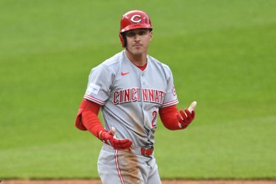 May 15, 2026; Cleveland, Ohio, USA; Cincinnati Reds left fielder JJ Bleday (22) reacts after his double in the second inning against the Cleveland Guardians at Progressive Field. Mandatory Credit: David Richard-Imagn Images
