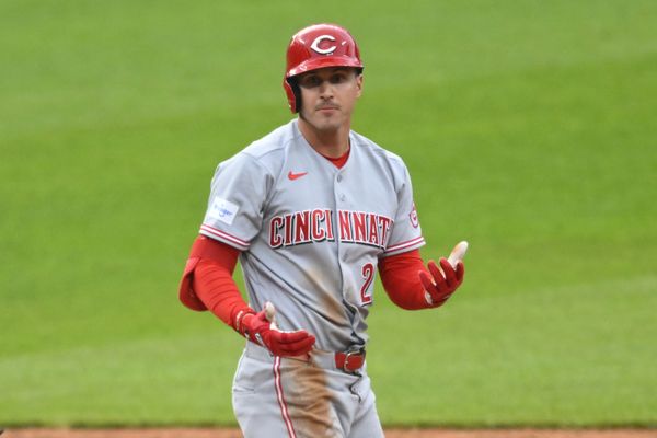 May 15, 2026; Cleveland, Ohio, USA; Cincinnati Reds left fielder JJ Bleday (22) reacts after his double in the second inning against the Cleveland Guardians at Progressive Field. Mandatory Credit: David Richard-Imagn Images