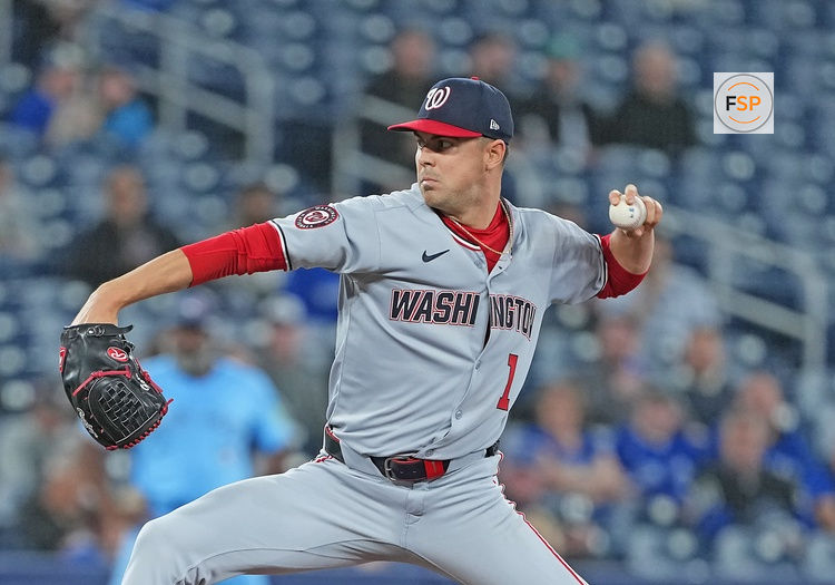 Apr 2, 2025; Toronto, Ontario, CAN; Washington Nationals starting pitcher MacKenzie Gore (1) throws a pitch against the Toronto Blue Jays during the first inning at Rogers Centre. Credit: Nick Turchiaro-Imagn Images