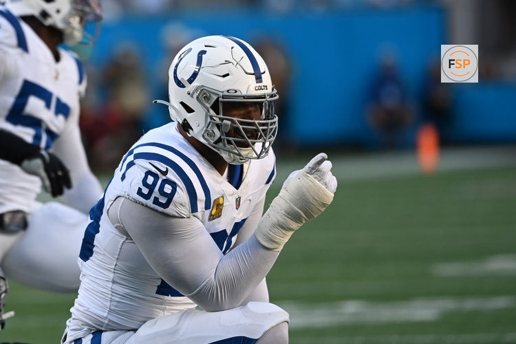 Nov 5, 2023; Charlotte, North Carolina, USA; Indianapolis Colts defensive tackle DeForest Buckner (99) reacts in the first quarter at Bank of America Stadium. Credit: Bob Donnan-USA TODAY Sports