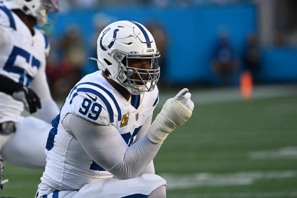 Nov 5, 2023; Charlotte, North Carolina, USA; Indianapolis Colts defensive tackle DeForest Buckner (99) reacts in the first quarter at Bank of America Stadium. Mandatory Credit: Bob Donnan-USA TODAY Sports