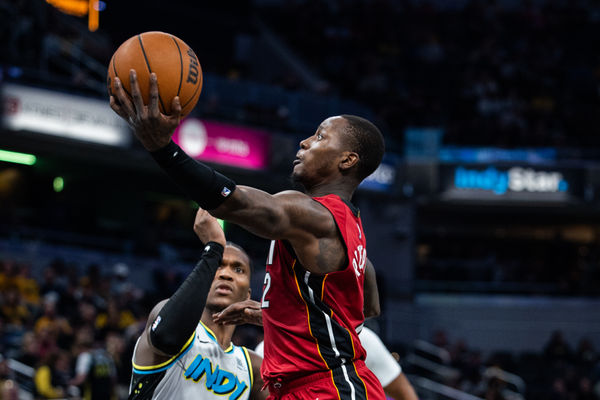 Nov 17, 2024; Indianapolis, Indiana, USA; Miami Heat guard Terry Rozier (2) shoots the ball while Indiana Pacers guard Bennedict Mathurin (00) defends in the second half at Gainbridge Fieldhouse. Mandatory Credit: Trevor Ruszkowski-Imagn Images