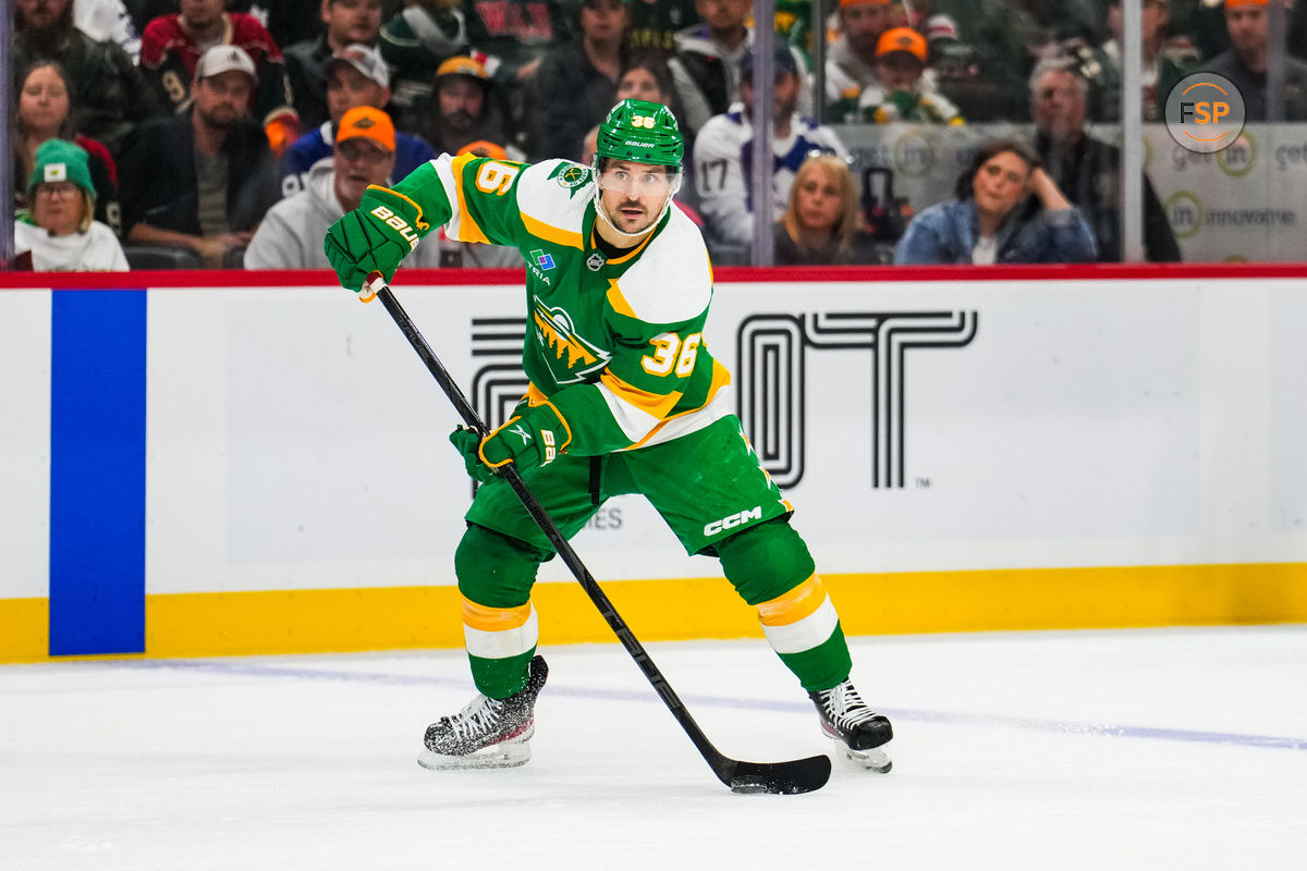 Nov 3, 2024; Saint Paul, Minnesota, USA; Minnesota Wild right wing Mats Zuccarello (36) during a game between the Minnesota Wild and Toronto Maple Leafs at Xcel Energy Center. Credit: Brace Hemmelgarn-Imagn Images