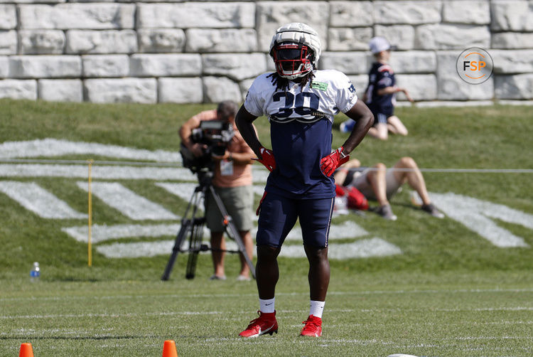 FOXBOROUGH, MA - AUGUST 03: New England Patriots running back Rhamondre Stevenson (38) looks on during New England Patriots Training Camp on August 3, 2023, at the Patriots Practice Facility at Gillette Stadium in Foxborough, Massachusetts. (Photo by Fred Kfoury III/Icon Sportswire)