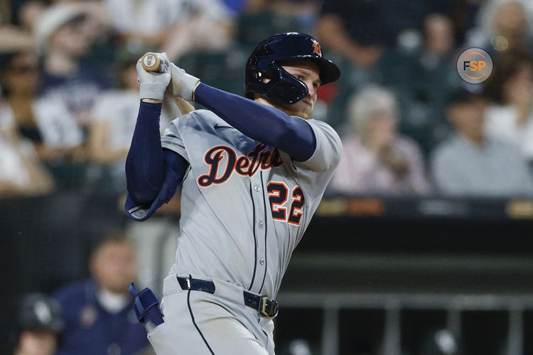 Jun 2, 2025; Chicago, Illinois, USA; Detroit Tigers center fielder Parker Meadows (22) hits a triple against the Chicago White Sox during the sixth inning at Rate Field. Credit: Kamil Krzaczynski-Imagn Images