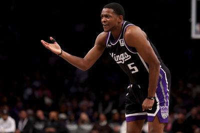 Jan 27, 2025; Brooklyn, New York, USA; Sacramento Kings guard De'Aaron Fox (5) reacts during the second quarter against the Brooklyn Nets at Barclays Center. Mandatory Credit: Brad Penner-Imagn Images