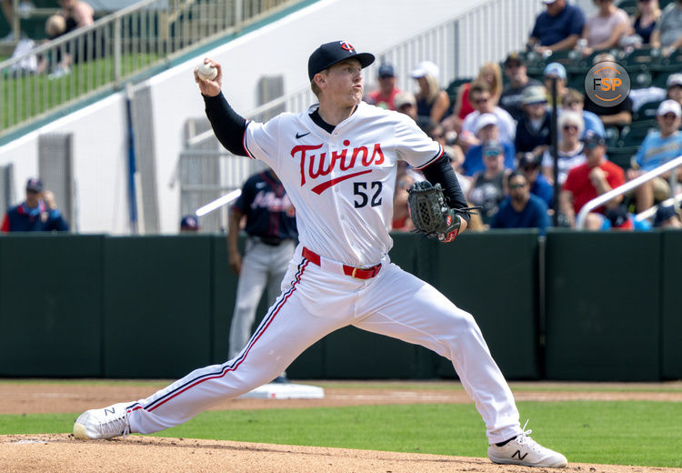 Feb 22, 2025; Fort Myers, Florida, USA; Minnesota Twins pitcher Zebby Matthews (52) pitching during the first inning of their game against the Atlanta Braves at Lee Health Sports Complex. Credit: Chris Tilley-Imagn Images