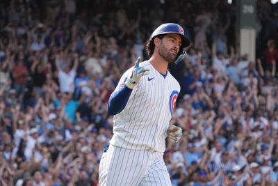 Apr 23, 2026; Chicago, Illinois, USA; Chicago Cubs shortstop Dansby Swanson (7) hits a walk-off single against the Philadelphia Phillies during the tenth inning at Wrigley Field. Mandatory Credit: David Banks-Imagn Images