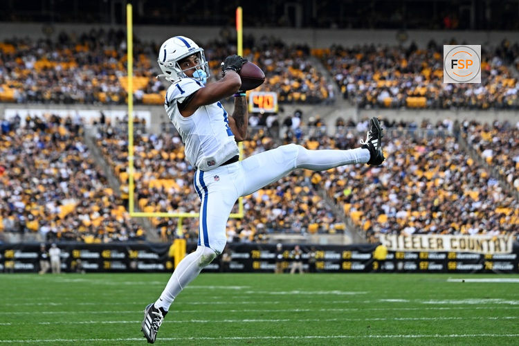 Nov 2, 2025; Pittsburgh, Pennsylvania, USA; Indianapolis Colts wide receiver Josh Downs (1) catches a touchdown pass during the fourth quarter against the Pittsburgh Steelers at Acrisure Stadium. Credit: Barry Reeger-Imagn Images