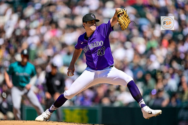 DENVER, CO - APRIL 21: Colorado Rockies pitcher Cal Quantrill (47) pitches in the sixth inning during a game between the Seattle Mariners and the Colorado Rockies at Coors Field on April 21, 2024 in Denver, Colorado. (Photo by Dustin Bradford/Icon Sportswire)