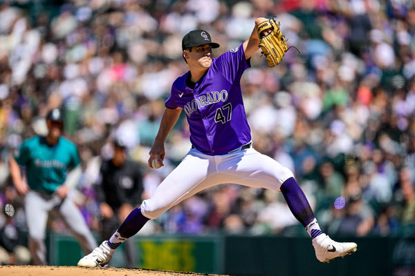 DENVER, CO - APRIL 21: Colorado Rockies pitcher Cal Quantrill (47) pitches in the sixth inning during a game between the Seattle Mariners and the Colorado Rockies at Coors Field on April 21, 2024 in Denver, Colorado. (Photo by Dustin Bradford/Icon Sportswire)