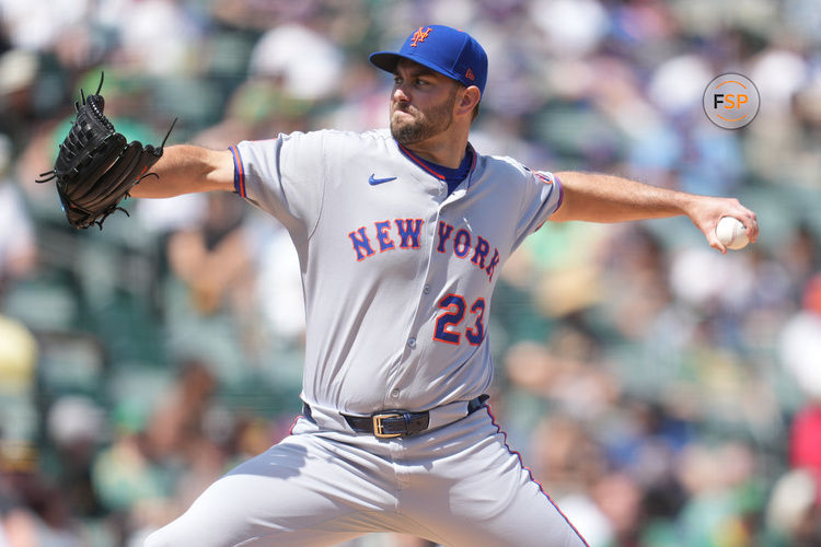 Apr 12, 2025; West Sacramento, California, USA; New York Mets pitcher David Peterson (23) delivers a pitch against the Athletics in the third inning at Sutter Health Park. Credit: Cary Edmondson-Imagn Images