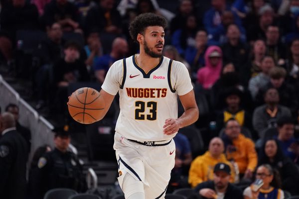 Feb 22, 2026; San Francisco, California, USA;  Denver Nuggets forward Cameron Johnson (23) dribbles upcourt against the Golden State Warriors in the third quarter at Chase Center. Mandatory Credit: David Gonzales-Imagn Images