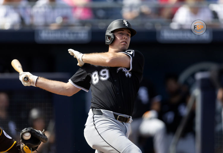 Mar 11, 2025; Peoria, Arizona, USA; Chicago White Sox catcher Kyle Teel against the San Diego Padres during a spring training game at Peoria Sports Complex. Credit: Mark J. Rebilas-Imagn Images