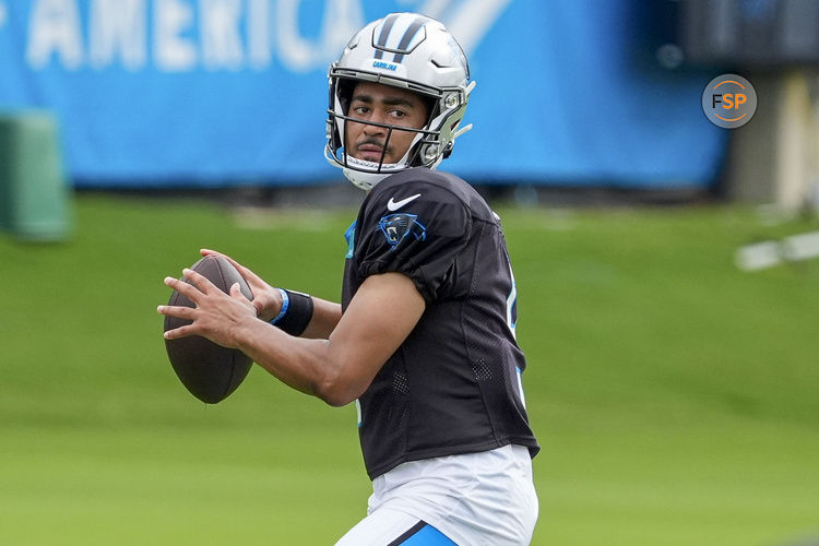 Jul 30, 2024; Charlotte, NC, USA; Carolina Panthers quarterback Bryce Young (9) throws during training camp at Carolina Panthers Practice Fields. Credit: Jim Dedmon-USA TODAY Sports