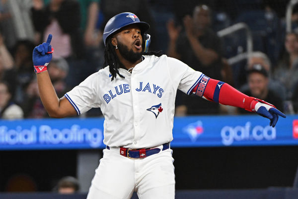 TORONTO, ON - APRIL 10: Toronto Blue Jays Designated Hitter Vladimir Guerrero Jr. (27) celebrates a home run in the seventh inning during the regular season MLB game between the Seattle Mariners and Toronto Blue Jays on April 10, 2024 at Rogers Centre in Toronto, ON. (Photo by Gerry Angus/Icon Sportswire)
