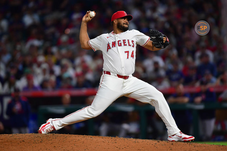 Jun 24, 2025; Anaheim, California, USA; Los Angeles Angels pitcher Kenley Jansen (74) throws against the Boston Red Sox during the ninth inning at Angel Stadium. Credit: Gary A. Vasquez-Imagn Images
