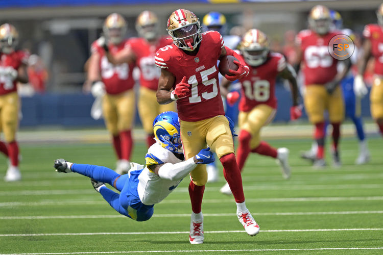 Sep 22, 2024; Inglewood, California, USA;  San Francisco 49ers wide receiver Jauan Jennings (15) is stopped by Los Angeles Rams safety Kamren Curl (3) after a first down in the first half at SoFi Stadium. Credit: Jayne Kamin-Oncea-Imagn Images