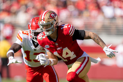 October 20, 2024; Santa Clara, California, USA; San Francisco 49ers wide receiver Ricky Pearsall (14) runs against Kansas City Chiefs safety Nazeeh Johnson (13) during the first quarter at Levi's Stadium. Mandatory Credit: Kyle Terada-Imagn Images