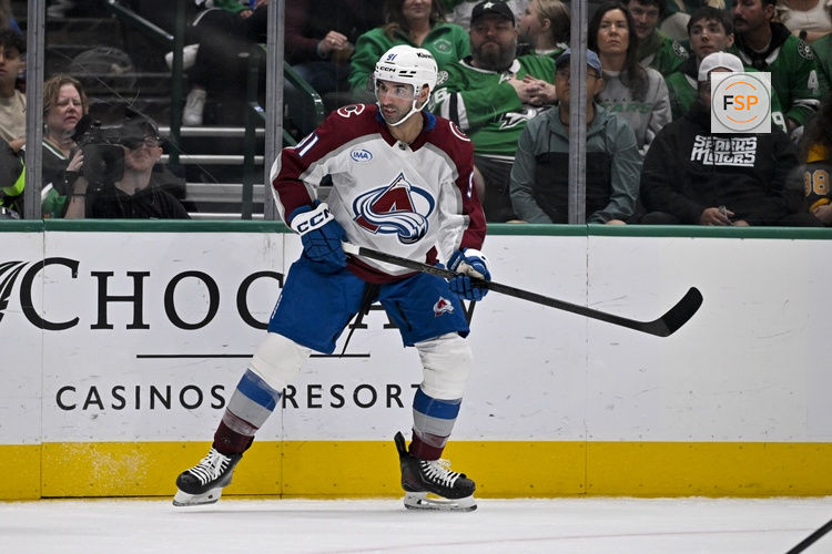Apr 4, 2026; Dallas, Texas, USA; Colorado Avalanche center Nazem Kadri (91) skates against the Dallas Stars during the game between the Stars and the Avalanche at American Airlines Center. Credit: Jerome Miron-Imagn Images