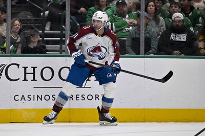Apr 4, 2026; Dallas, Texas, USA; Colorado Avalanche center Nazem Kadri (91) skates against the Dallas Stars during the game between the Stars and the Avalanche at American Airlines Center. Mandatory Credit: Jerome Miron-Imagn Images